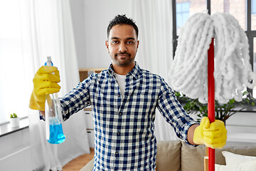 Image showing indian man with mop and detergent cleaning at home