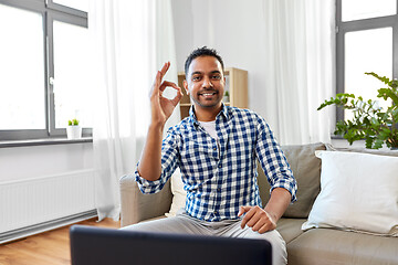 Image showing indian male blogger showing ok hand sign at home