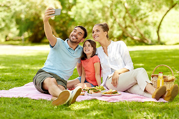 Image showing family having picnic and taking selfie at park