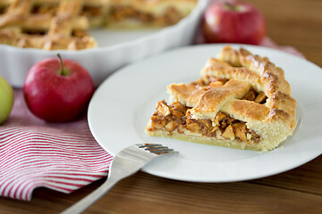 Image showing close up of apple pie and fork on plate