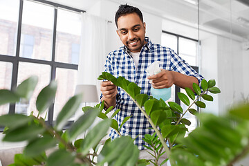 Image showing man spraying houseplant with water at home