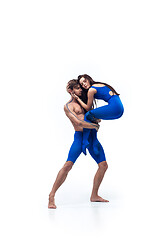 Image showing The couple of modern dancers, art contemp dance, blue and white combination of emotions