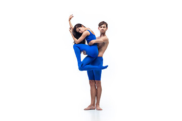 Image showing The couple of modern dancers, art contemp dance, blue and white combination of emotions