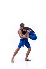 Image showing The couple of modern dancers, art contemp dance, blue and white combination of emotions