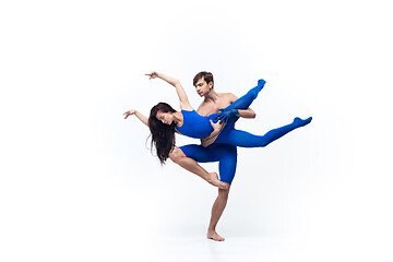 Image showing The couple of modern dancers, art contemp dance, blue and white combination of emotions