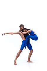 Image showing The couple of modern dancers, art contemp dance, blue and white combination of emotions