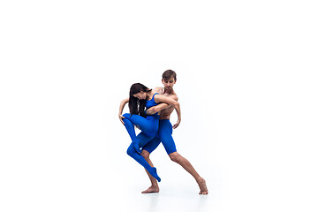 Image showing The couple of modern dancers, art contemp dance, blue and white combination of emotions