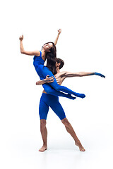 Image showing The couple of modern dancers, art contemp dance, blue and white combination of emotions