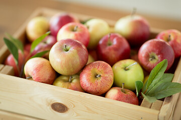 Image showing ripe apples in wooden box on table