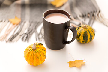 Image showing hot chocolate, autumn leaves and warm blanket