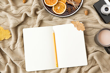 Image showing notebook, hot chocolate, camera and autumn leaves