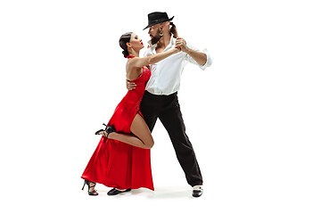 Image showing Portrait of young elegance tango dancers. Isolated over white background