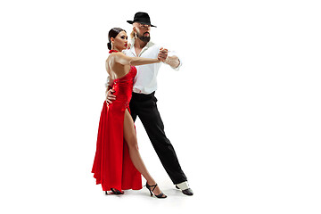 Image showing Portrait of young elegance tango dancers. Isolated over white background
