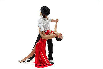 Image showing Portrait of young elegance tango dancers. Isolated over white background