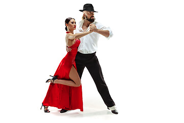 Image showing Portrait of young elegance tango dancers. Isolated over white background