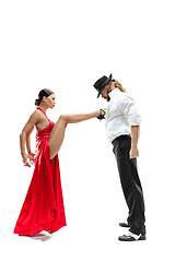 Image showing Portrait of young elegance tango dancers. Isolated over white background