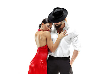 Image showing Portrait of young elegance tango dancers. Isolated over white background