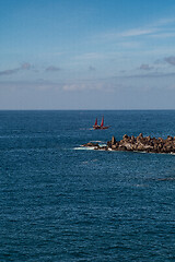 Image showing beautiful view on ocean water and black lava sand