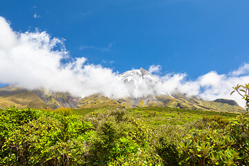 Image showing volcano Taranaki covered in clouds, New Zealand 