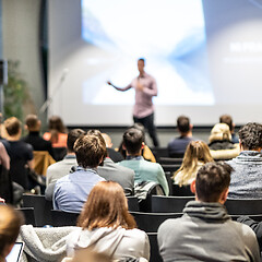 Image showing Business speaker giving a talk at business conference event.