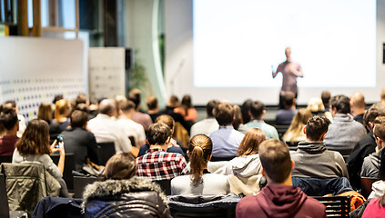 Image showing Business speaker giving a talk at business conference event.