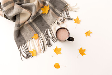 Image showing hot chocolate, autumn leaves and warm blanket