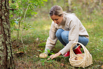 Image showing young woman picking mushrooms in autumn forest