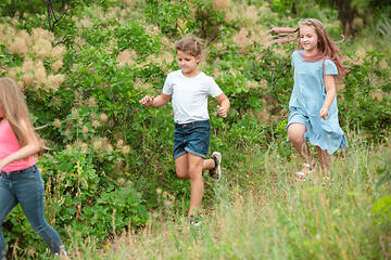 Image showing Kids, children running on green meadow, forest. Childhood and summertime