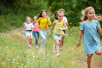 Image showing Kids, children running on green meadow, forest. Childhood and summertime