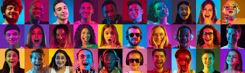 Image showing Collage of portraits of young people on multicolored background in neon