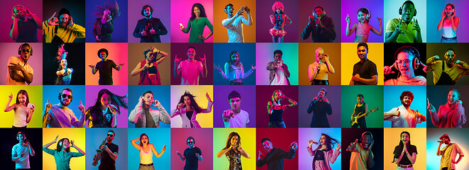 Image showing Collage of portraits of young people on multicolored background in neon