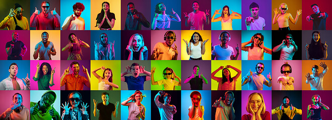 Image showing Collage of portraits of young people on multicolored background in neon