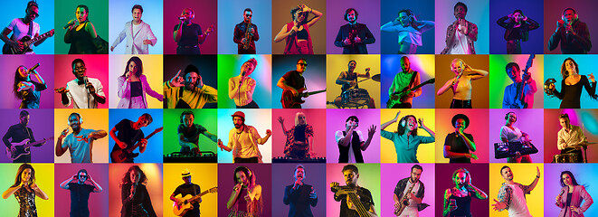 Image showing Collage of portraits of young musicians on multicolored background in neon