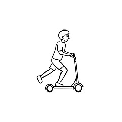 Image showing Boy riding a kick scooter hand drawn sketch icon.