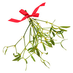 Image showing Mistletoe Sprigs with Red Bow