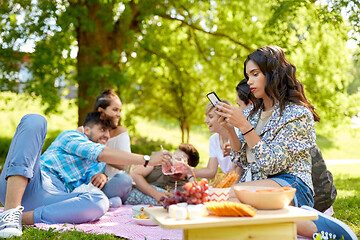 Image showing woman using smartphone at picnic with friends