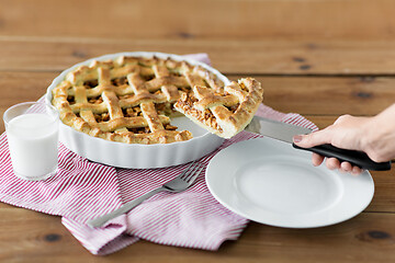 Image showing close up of hand with piece of apple pie on knife