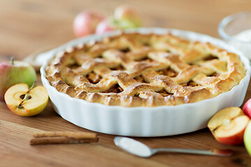 Image showing close up of apple pie on wooden table