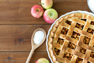 Image showing close up of apple pie on wooden table