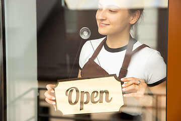 Image showing Open sign on the glass of street cafe or restaurant