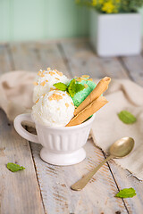 Image showing Vanilla and mint ice cream in cup