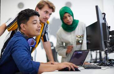 Image showing Multiethnic startup business team with Arabian woman