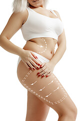 Image showing Female body with the drawing arrows. Fat lose, liposuction and cellulite removal concept