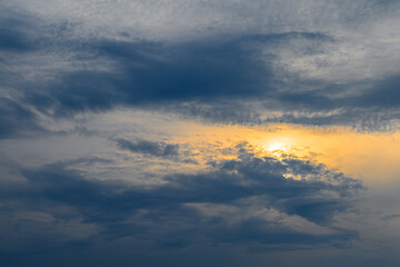 Image showing Blue, yellow and orange sunset with clouds