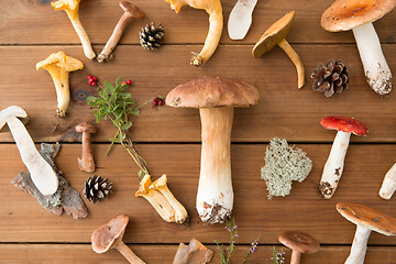 Image showing different edible mushrooms on wooden background