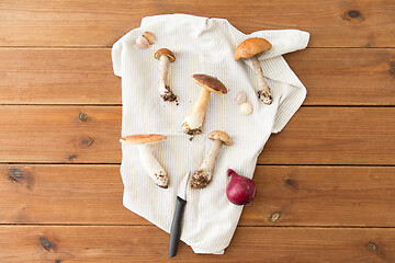 Image showing edible mushrooms, kitchen knife and towel