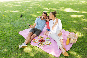 Image showing family having picnic and taking selfie at park