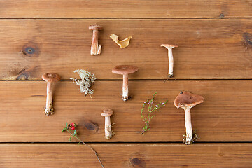 Image showing lactarius rufus mushrooms on wooden background