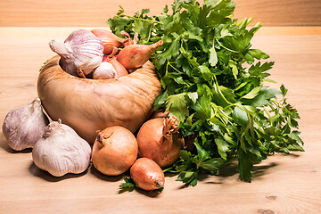 Image showing garlic onion shallot parsley with pestle and olive wood mortar