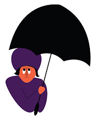 Image showing A person wearing a purple rain coat and holding a black umbrella